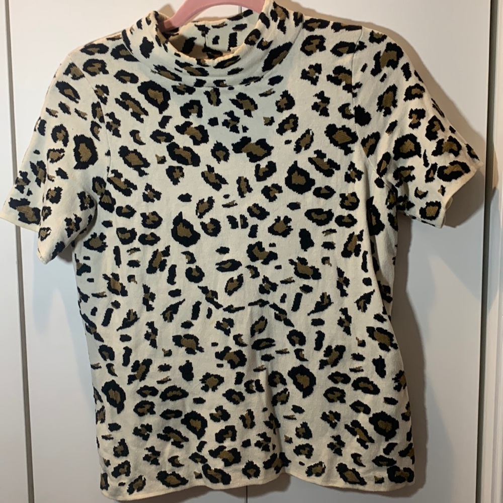 FIELD FLOWER LEOPARD KNIT SHORT SLEEVE, TURTLENECK TOP LEOPARD PRINT SMALL